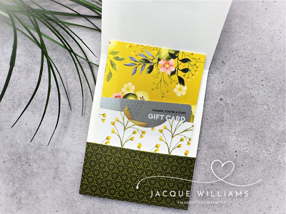 Pull-up gift card holder card crafted with Stampin’ Up! Painterly Pears Suite. Unique handmade cardmaking project perfect for gift cards, photos, or cash.