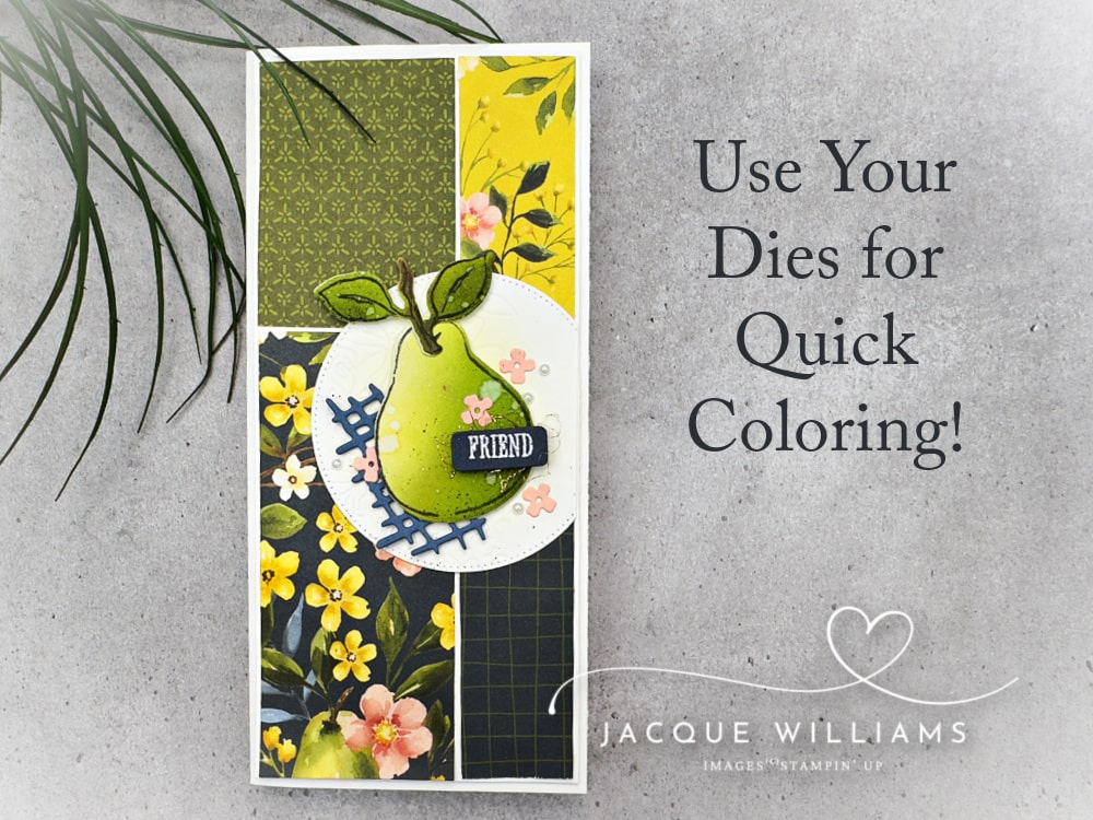 Handmade slimline friendship card featuring the Painterly Pears designer papers in rich green, yellow, and navy floral prints. The focal point is a stamped and die-cut pear from the Perfect Pears bundle, colored with a quick ink blending technique, layered on a stitched white circle with a navy die-cut accent. Finished with the word “Friend” in white embossing on navy cardstock. Card layout follows Sketch #20 from the Design Spark sketch book.