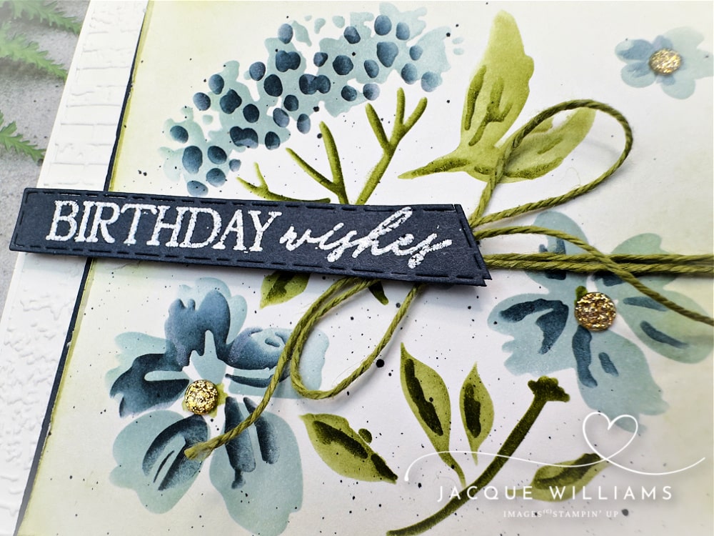 Handmade floral birthday card using Stampin’ Up! products with a quick masking technique. Features soft blue and green ink blending, layered leaves, subtle shading, and a Birthday Wishes from the 12 Days of Crafting Advent Calendar.