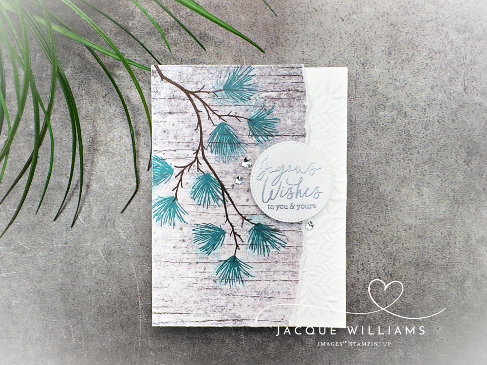 Stamp the Branching Out pines in traditional or festive colors to suit! Very quick card idea for a rustic Christmas greeting with Jacque Williams | StampHappy