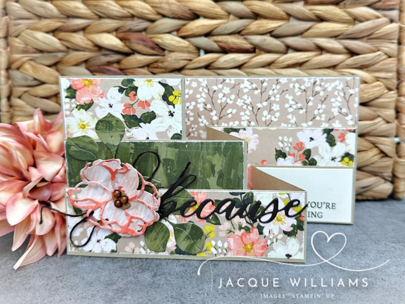 Fun Fold card idea featuring Brushed with Beauty — Double Z Fold layout with bright florals and free printable PDF measurements.  Stampin' UP! classes in Hamilton, Tauranga, Nelson, Auckland, and Whangarei