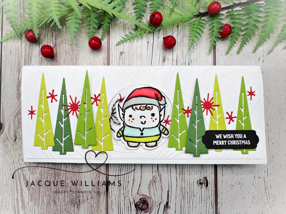 Fresh Christmas card is bright colors with the Stampin' Up! Festive Friends in a fun fold style.  With Jacque Williams in New Zealand