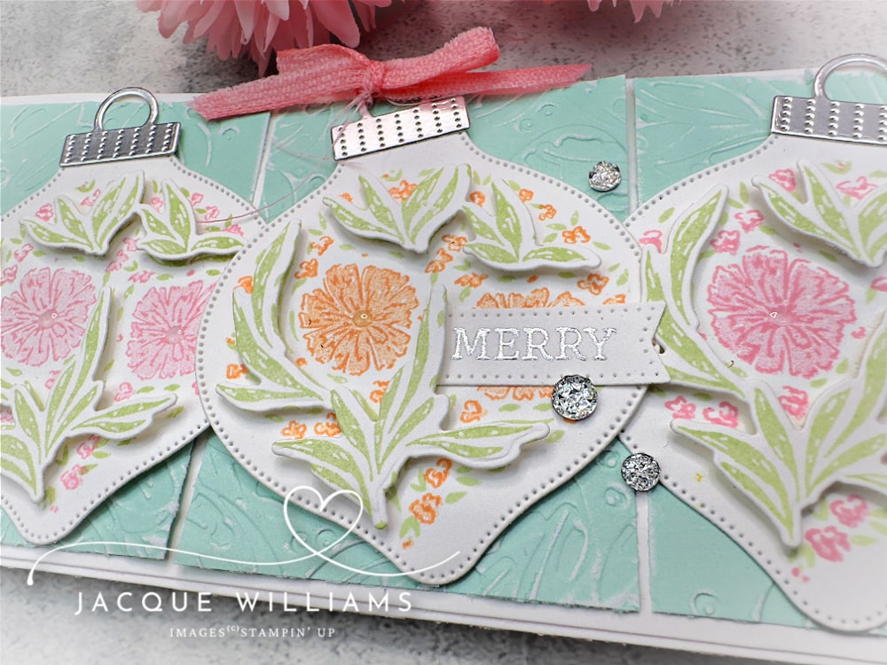 The Stampin' Up! Bauble Blooms lends itself to both traditional and non traditional Christmas cards, perfect for summer or winter holidays!  Try this beautiful design in the colors of your choice with Jacque Williams in New Zealand.  