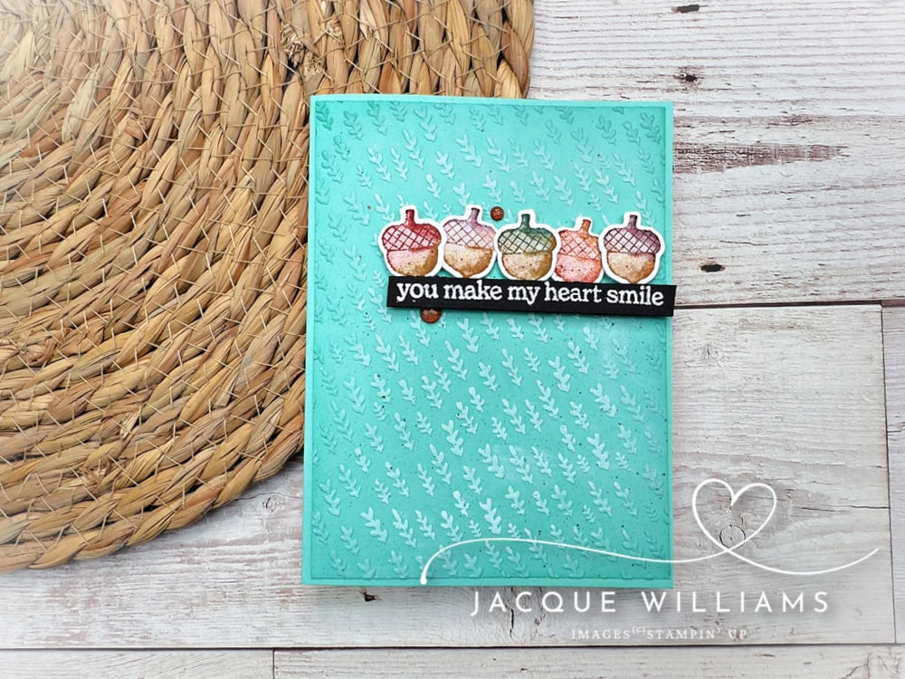 My project to share with you today was inspired by a cheery card by Sandy McIver.  Adapted with the cute acorns from the Gathering Moment stamp set and the Gathering Leaves folder.