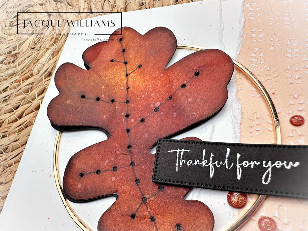 Create a beautiful Autumn leaf to use on cards, packaging, and layouts with this easy technique!  Seriously, this method is so haphazard, you will be successful every time!   I've used the new Gathering Moments stamp and die set for this beautiful, stitched leaf: