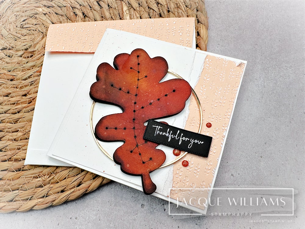 Create a beautiful Autumn leaf to use on cards, packaging, and layouts with this easy technique!  Seriously, this method is so haphazard, you will be successful every time!   I've used the new Gathering Moments stamp and die set for this beautiful, stitched leaf: