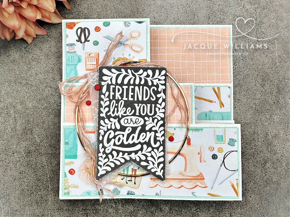 Handmade Double Z fun fold card created with Hobby Haven designer papers, featuring layers and panels from the free Double Z fold PDF tutorial by StampHappy.