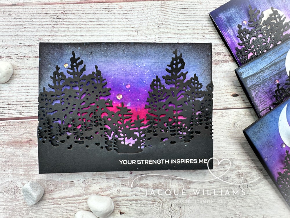 Four handmade card projects featuring night sky backgrounds created with the Stampin’ Up! Light & Wonder stamp and die set. Each card uses the same colour palette and layout but showcases a different sky technique.  with Jacque Williams - StampHappy