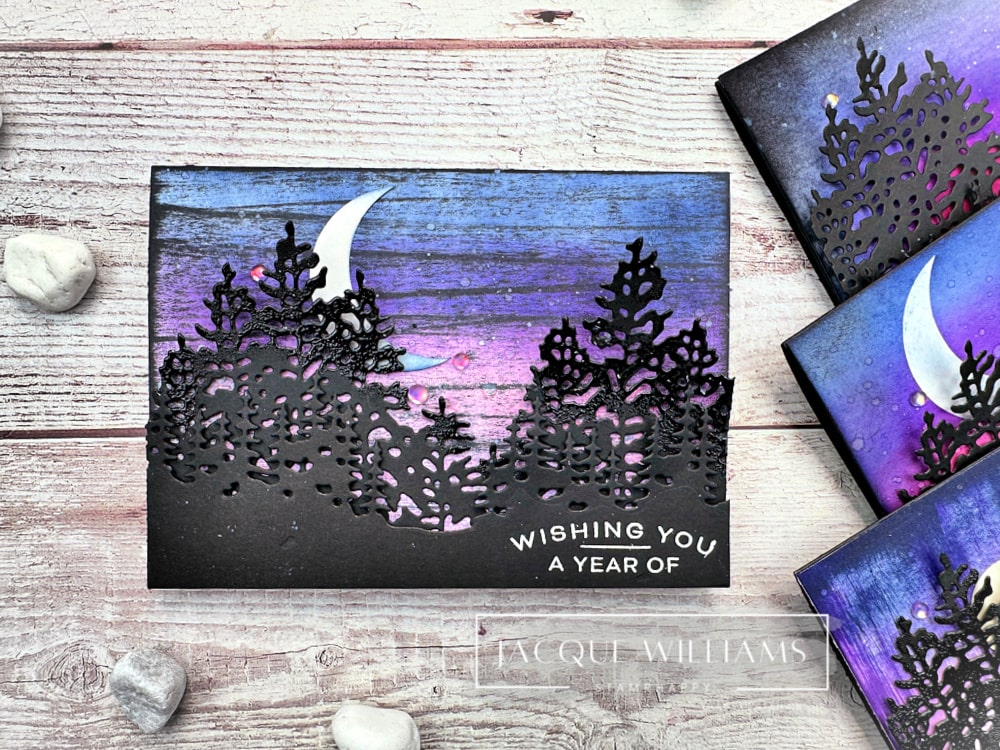 Four handmade card projects featuring night sky backgrounds created with the Stampin’ Up! Light & Wonder stamp and die set. Each card uses the same colour palette and layout but showcases a different sky technique.  with Jacque Williams - StampHappy