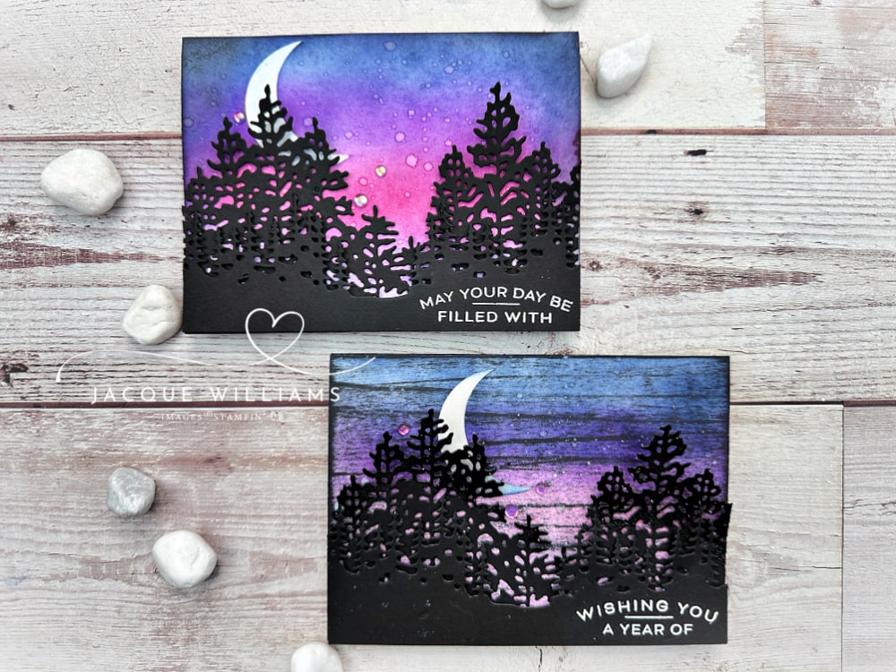 Four handmade card projects featuring night sky backgrounds created with the Stampin’ Up! Light & Wonder stamp and die set. Each card uses the same colour palette and layout but showcases a different sky technique.  with Jacque Williams - StampHappy