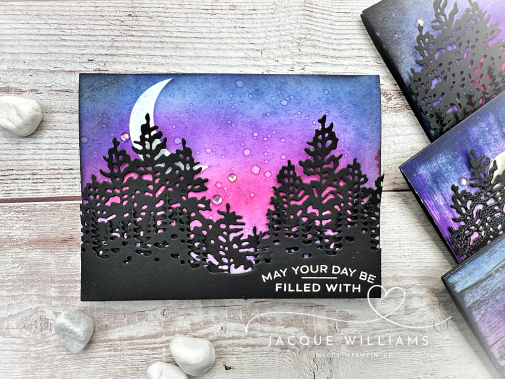 Four handmade card projects featuring night sky backgrounds created with the Stampin’ Up! Light & Wonder stamp and die set. Each card uses the same colour palette and layout but showcases a different sky technique.  with Jacque Williams - StampHappy