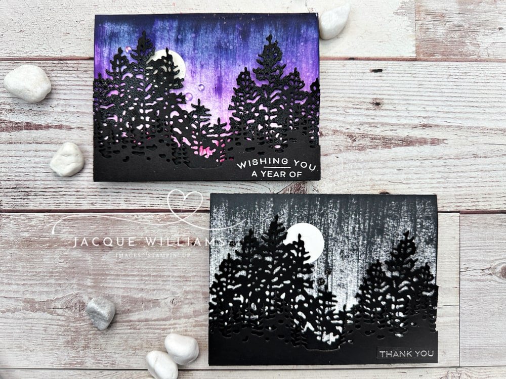 Four handmade card projects featuring night sky backgrounds created with the Stampin’ Up! Light & Wonder stamp and die set. Each card uses the same colour palette and layout but showcases a different sky technique.  with Jacque Williams - StampHappy