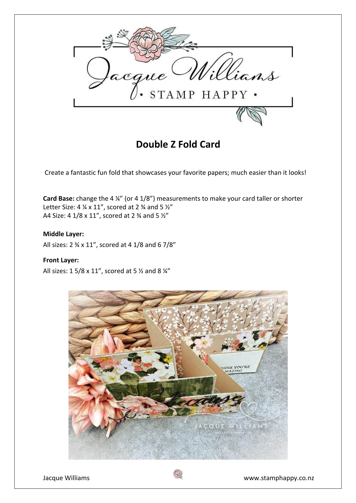 Handmade Double Z fun fold card created with Hobby Haven designer papers, featuring layers and panels from the free Double Z fold PDF tutorial by StampHappy.