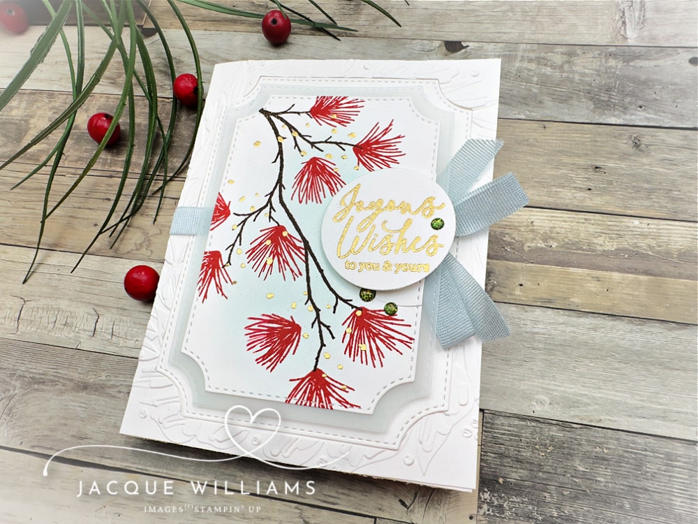 Use the Stampin' Up! Branching Out stamp set to create a native Pohutukawa image for a both festive and unique Christmas card. with Jacque Williams | StampHappy New Zealand