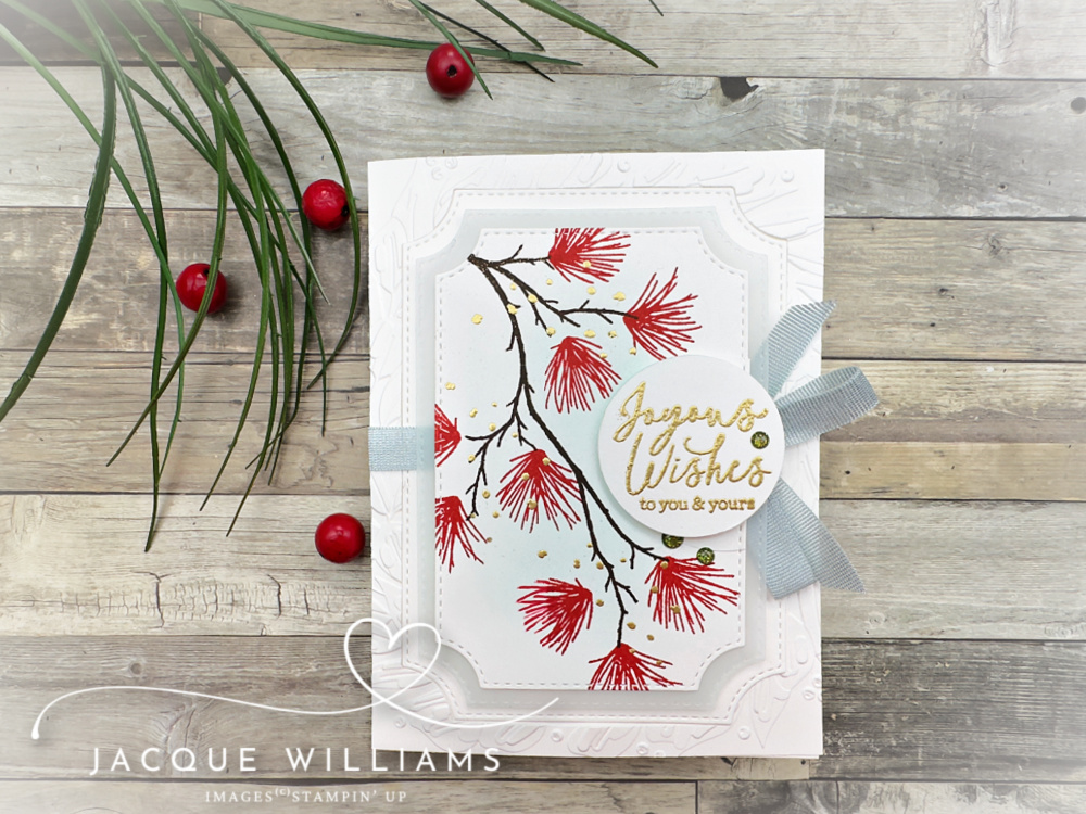 Use the Stampin' Up! Branching Out stamp set to create a native Pohutukawa image for a both festive and unique Christmas card. with Jacque Williams | StampHappy New Zealand