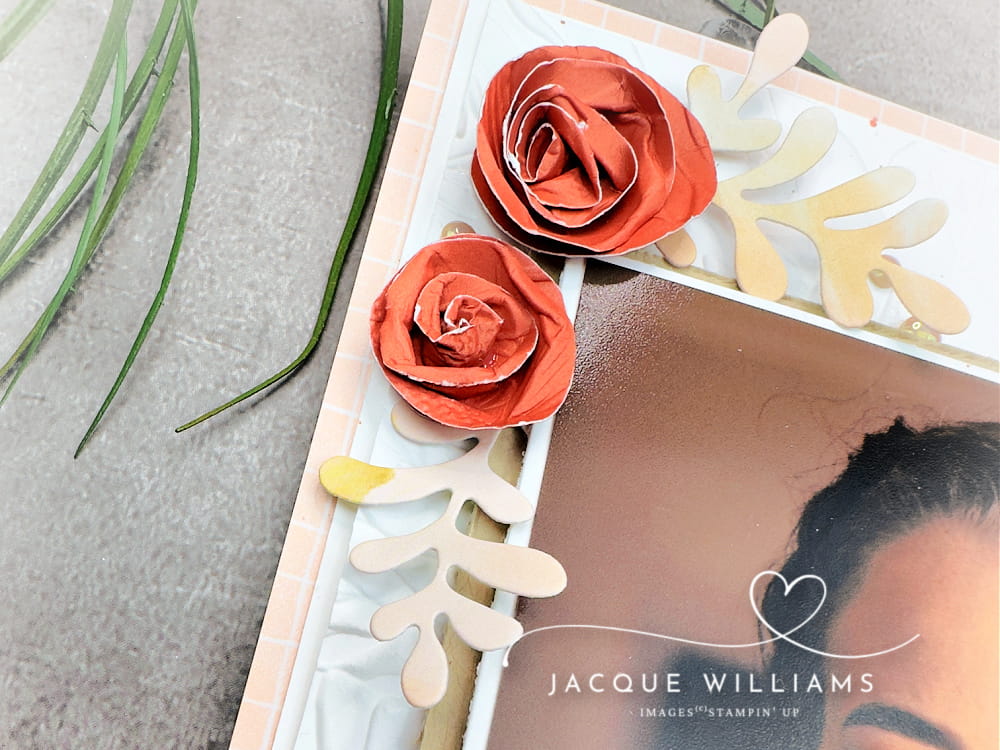 Clean and simple wedding layout with handmade rolled flower embellishments.  Scrapbooking classes with Jacque Williams in New Zealand