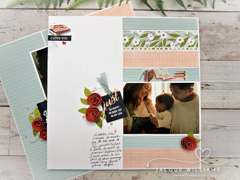 Scrapbooking Layout with rolled diy flowers and the Stampin' Up! Hobby Haven papers.  Baby layout and more scrapbooking classes with Jacque Williams - New Zealand.  