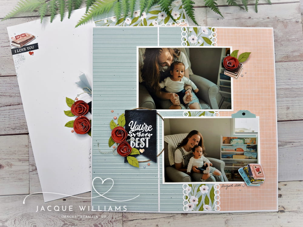 Scrapbooking Layout with rolled diy flowers and the Stampin' Up! Hobby Haven papers.  Baby layout and more scrapbooking classes with Jacque Williams - New Zealand.  