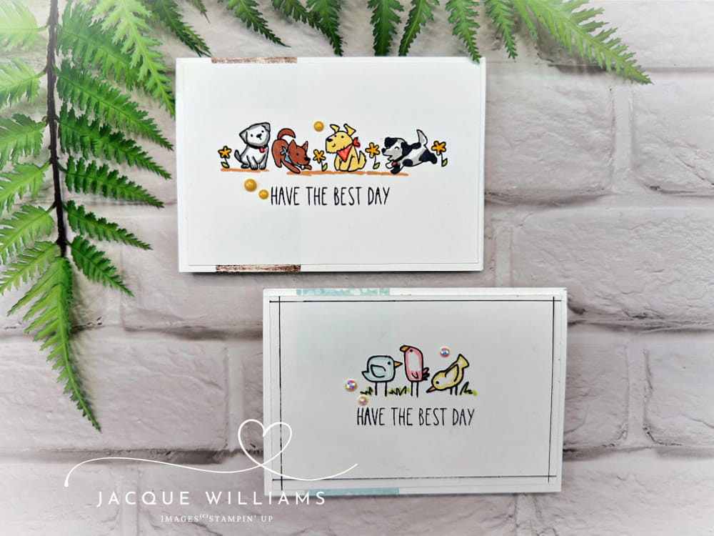 The adorable Cutest Crew stamp set by Stampin' Up! with sweet puppy dog, kitten, and bird images for those who love their pets. This would also make a great childrens birthday card. Classes online and in New Zealand