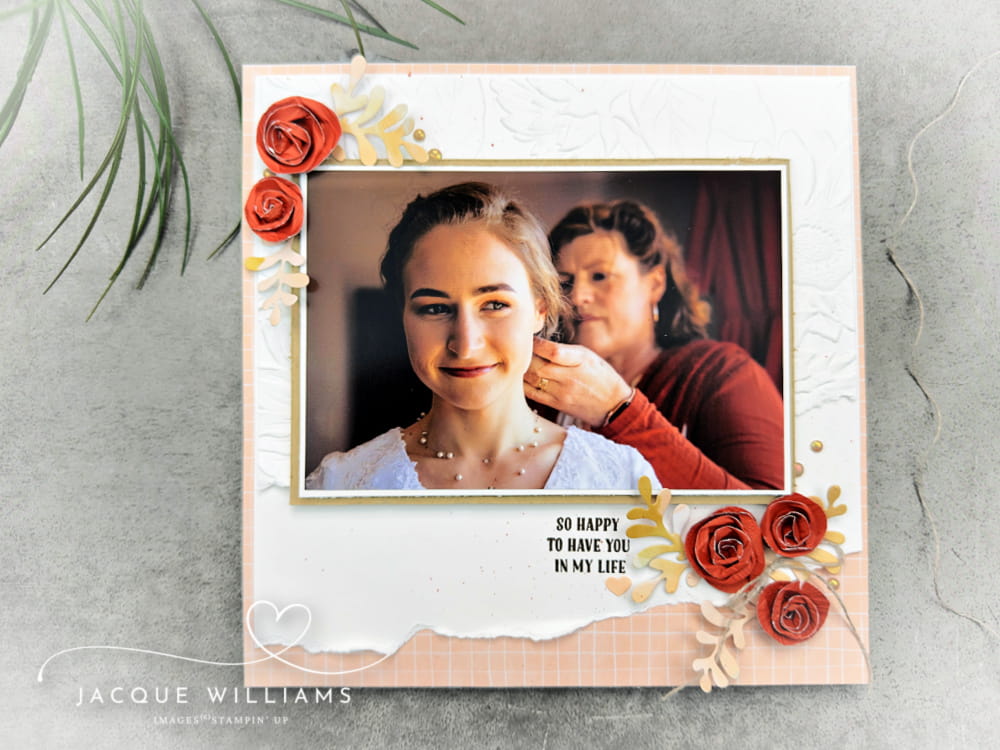 Clean and simple wedding layout with handmade rolled flower embellishments.  Scrapbooking classes with Jacque Williams in New Zealand