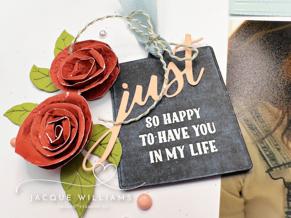 Scrapbooking Layout with rolled diy flowers and the Stampin' Up! Hobby Haven papers.  Baby layout and more scrapbooking classes with Jacque Williams - New Zealand.  