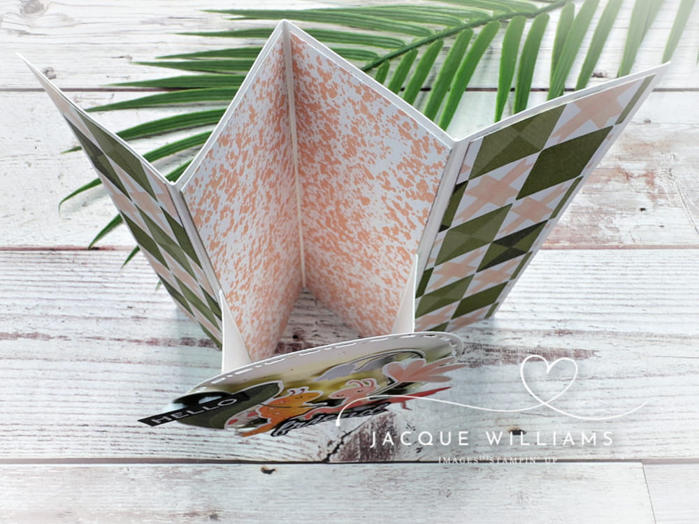 This cute pop up panel fun fold card features the Stampin' Up! Sweet Bugs papers and dies. with Jacque Williams for card and scrapbooking classes NZ