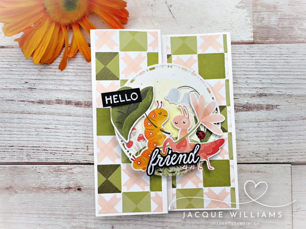 This cute pop up panel fun fold card features the Stampin' Up! Sweet Bugs papers and dies. with Jacque Williams for card and scrapbooking classes NZ
