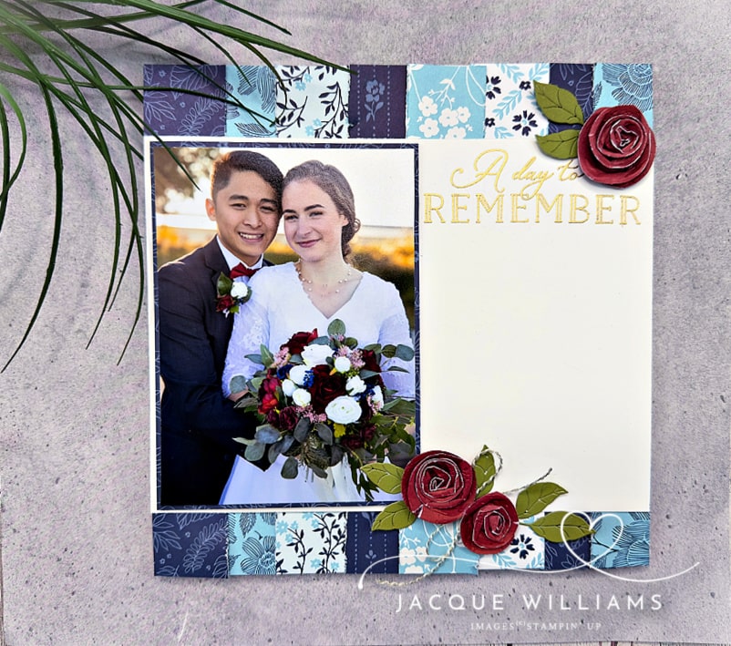 Use the True Blue Florals papers for a gorgeous blue background, accented by Cherry Cobbler flowers for a timeless scrapbooking layout. With Jacque Williams, Stampin' Up! Ind. Demonstrator in New Zealand