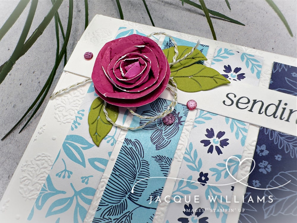 I used Sketch #27, variation B for this cute, quick card design with the Stampin' Up! True Blue Florals papers. with Jacque Williams, New Zealand