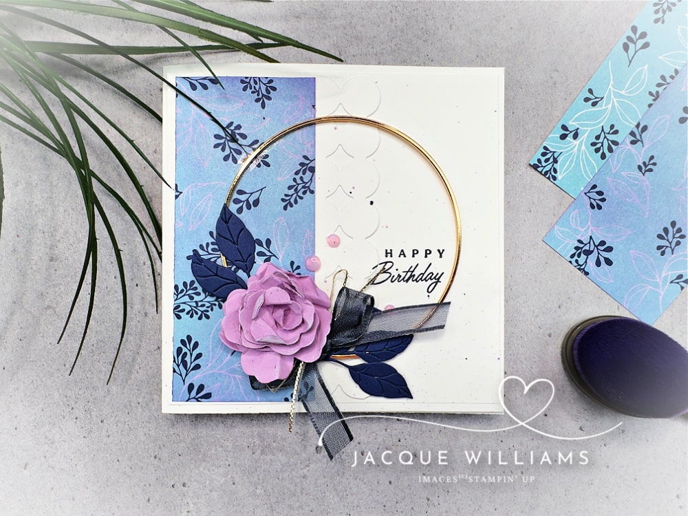 Alter your printed papers with this easy idea!  Using the True Blue Florals papers and the Lovely Arrangements dies by Stampin' Up!.  with Jacque Williams - StampHappy in New Zealand