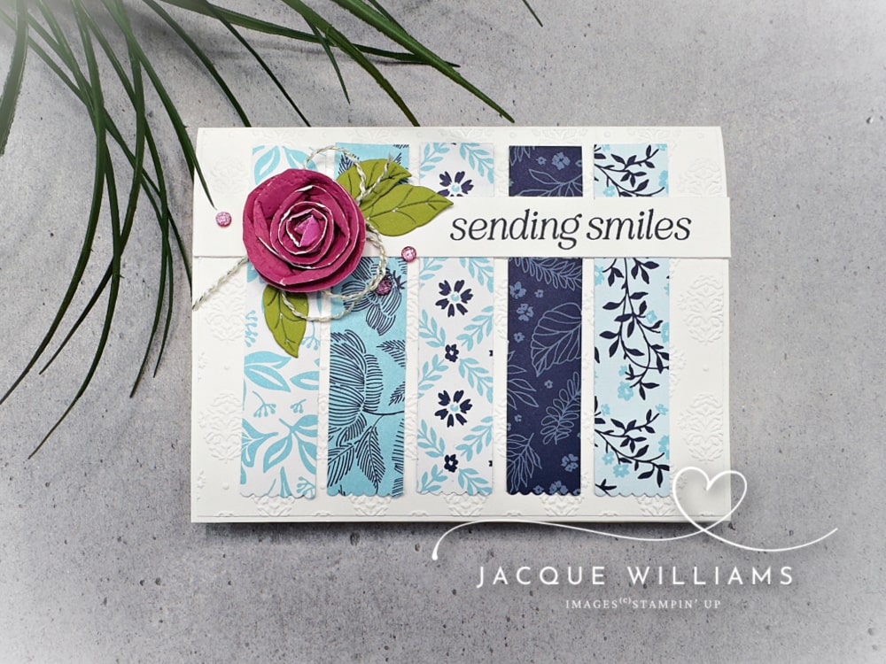 I used Sketch #27, variation B for this cute, quick card design with the Stampin' Up! True Blue Florals papers. with Jacque Williams, New Zealand