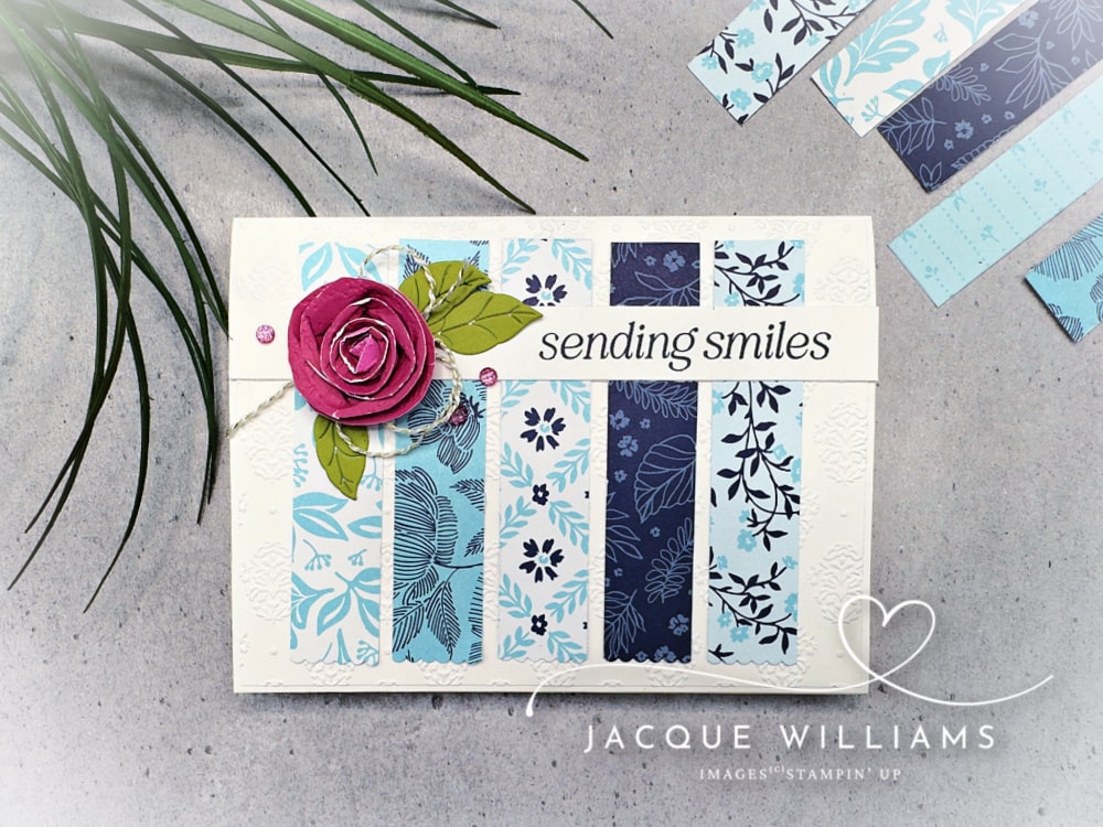 I used Sketch #27, variation B for this cute, quick card design with the Stampin' Up! True Blue Florals papers. with Jacque Williams, New Zealand