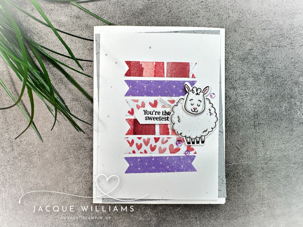 Quick and easy handmade card featuring the Woolly Friends sheep image, Love Notes DSP banner strips, and a clean white card base.