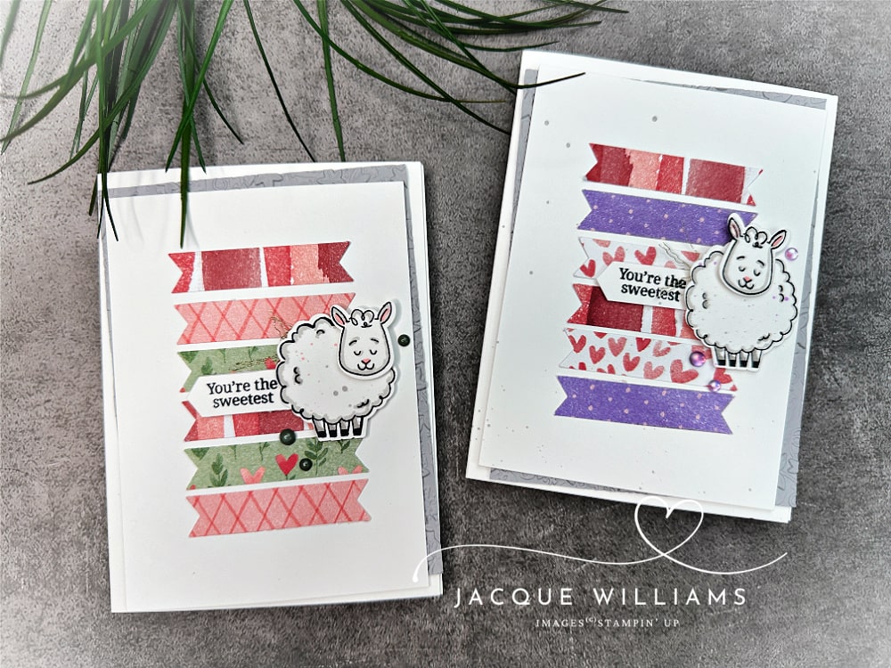 Quick and easy handmade card featuring the Woolly Friends sheep image, Love Notes DSP banner strips, and a clean white card base.