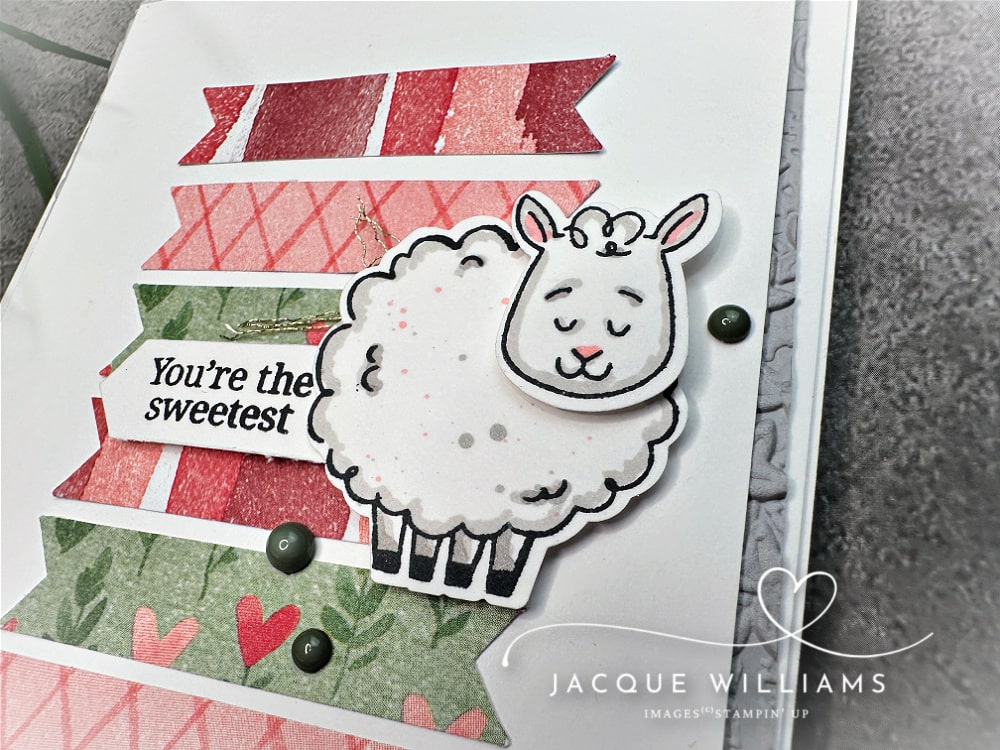 Clean and simple Stampin’ Up! card made with Love Notes Designer Series Paper, Three Banner Punch, and Woolly Friends Bundle for a fast cardmaking idea.
