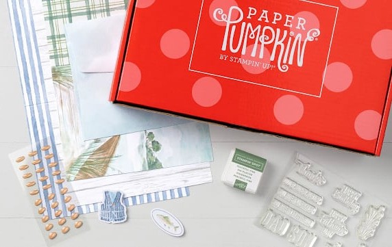 Paper Pumpkin kit with stamps, ink and pre-cut cardmaking supplies by Stampin’ Up