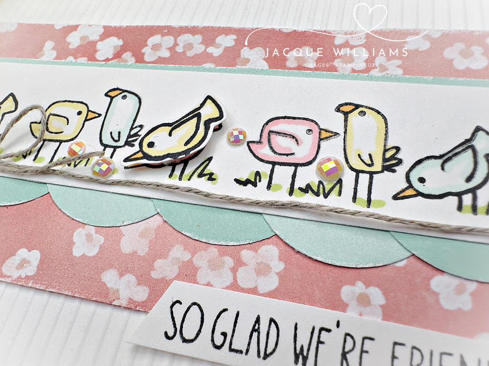 Line up your stamps perfectly with the Stamp Positioner! Sample uses the Cutest Crew bird images by Stampin' Up!. Classes by Jacque Williams | StampHappy in New Zealand and PDF classes online worldwide