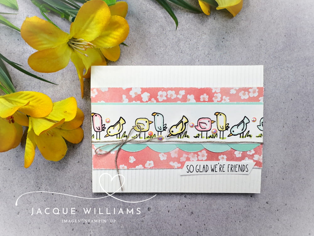 Line up your stamps perfectly with the Stamp Positioner! Sample uses the Cutest Crew bird images by Stampin' Up!. Classes by Jacque Williams | StampHappy in New Zealand and PDF classes online worldwide