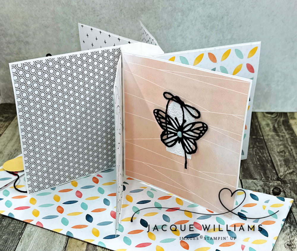 Awesome fun fold card that can also be a mini album!  This Pinwheel Tower card features the new Beautiful Ordinary Life papers by Stampin' Up!.  Join me for a class online or in New Zealand. Free download. 