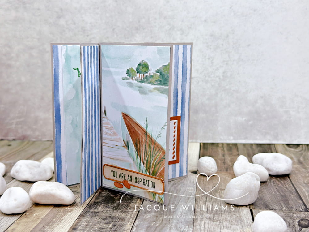 Make a Pinwheel Tower fun fold card with the Lakeside Waterside Retreat Paper Pumpkin as an alternative idea.  with Jacque Williams StampHappy New Zealand