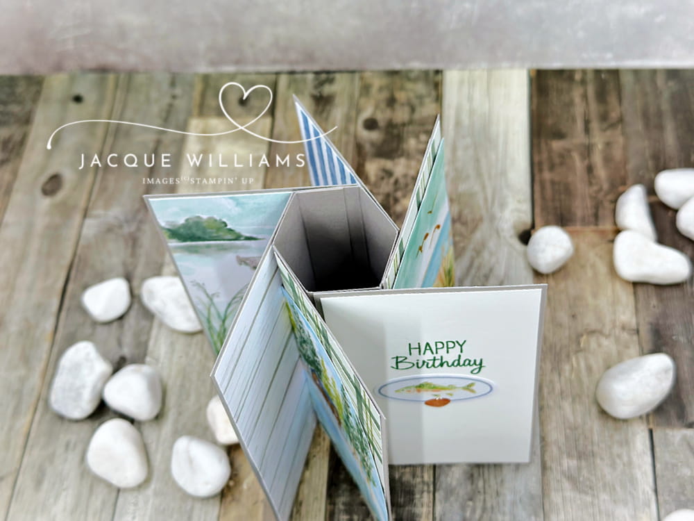 Make a Pinwheel Tower fun fold card with the Lakeside Waterside Retreat Paper Pumpkin as an alternative idea.  with Jacque Williams StampHappy New Zealand