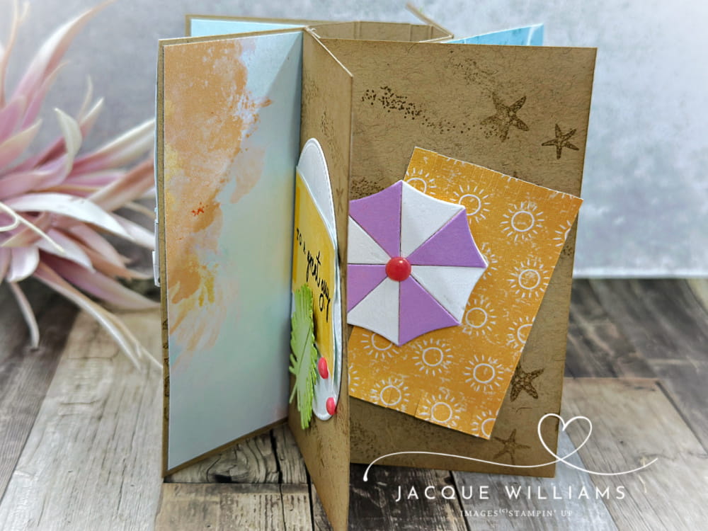 Craft a fun fold Pinwheel Tower card with this free PDF template. This sample uses the Rolling Waves stamps and dies from Stampin' Up!  Jacque Williams - New Zealand