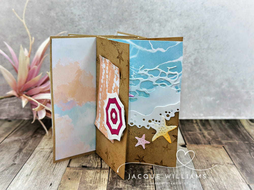 Craft a fun fold Pinwheel Tower card with this free PDF template. This sample uses the Rolling Waves stamps and dies from Stampin' Up!  Jacque Williams - New Zealand