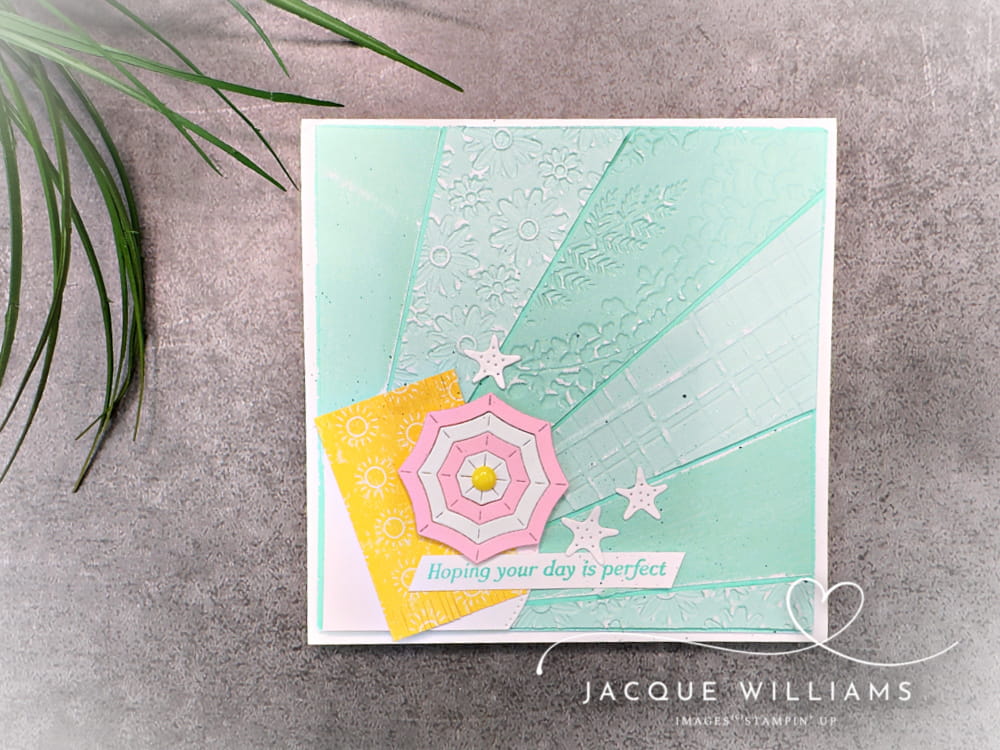 Easy sunburst background with scraps - this time with the Rolling Waves stamps and dies for a cute beach theme.  Products by Stampin' Up! - design by Jacque Williams | StampHappy in NZ