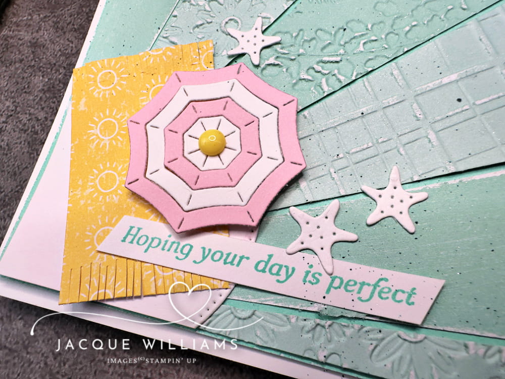 Easy sunburst background with scraps - this time with the Rolling Waves stamps and dies for a cute beach theme.  Products by Stampin' Up! - design by Jacque Williams | StampHappy in NZ