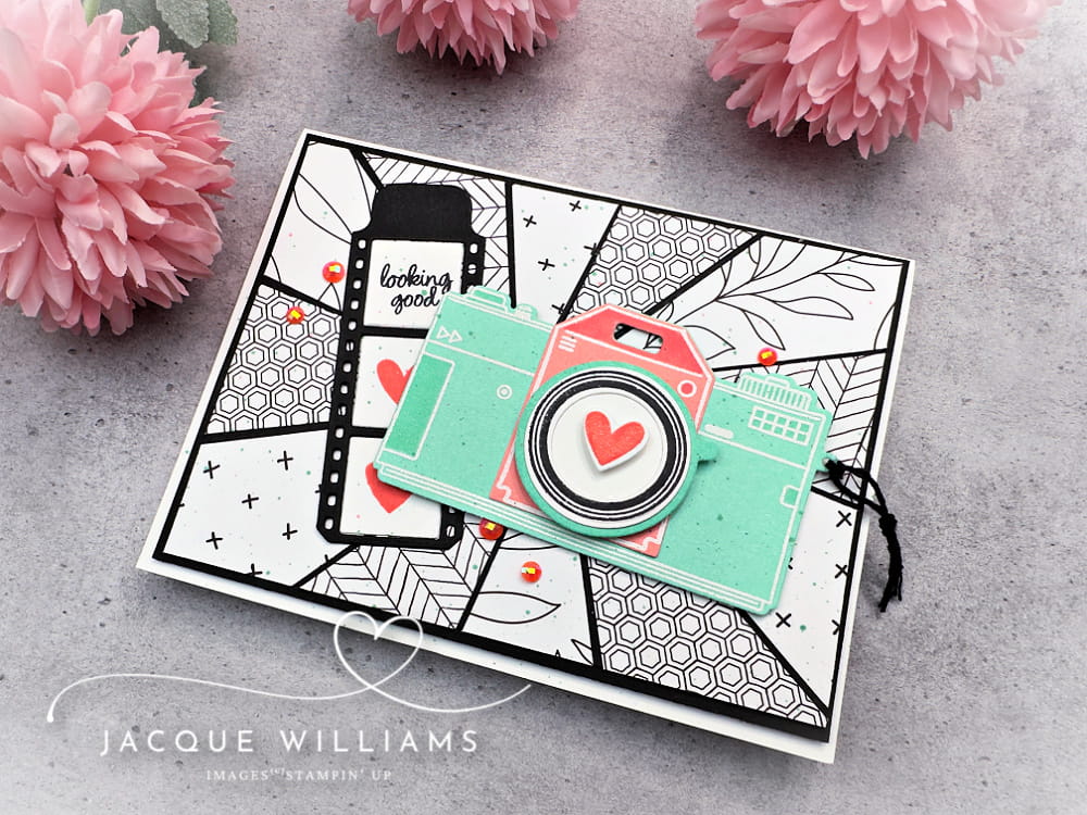 If you’re looking for a creative and striking card idea, this sunburst background technique creates a fun camera shutter effect using the Capturing Smiles stamps and dies.  Products by Stampin' Up!. Design by Jacque Williams in New Zealand.  Tauranga, Hamilton, Auckland, Whangarei, Nelson