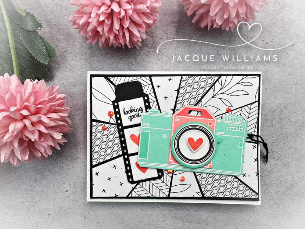 If you’re looking for a creative and striking card idea, this sunburst background technique creates a fun camera shutter effect using the Capturing Smiles stamps and dies.  Products by Stampin' Up!. Design by Jacque Williams in New Zealand.  Tauranga, Hamilton, Auckland, Whangarei, Nelson