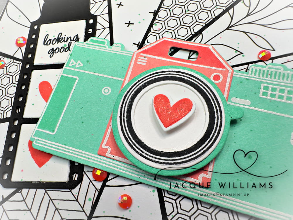 If you’re looking for a creative and striking card idea, this sunburst background technique creates a fun camera shutter effect using the Capturing Smiles stamps and dies.  Products by Stampin' Up!. Design by Jacque Williams in New Zealand.  Tauranga, Hamilton, Auckland, Whangarei, Nelson