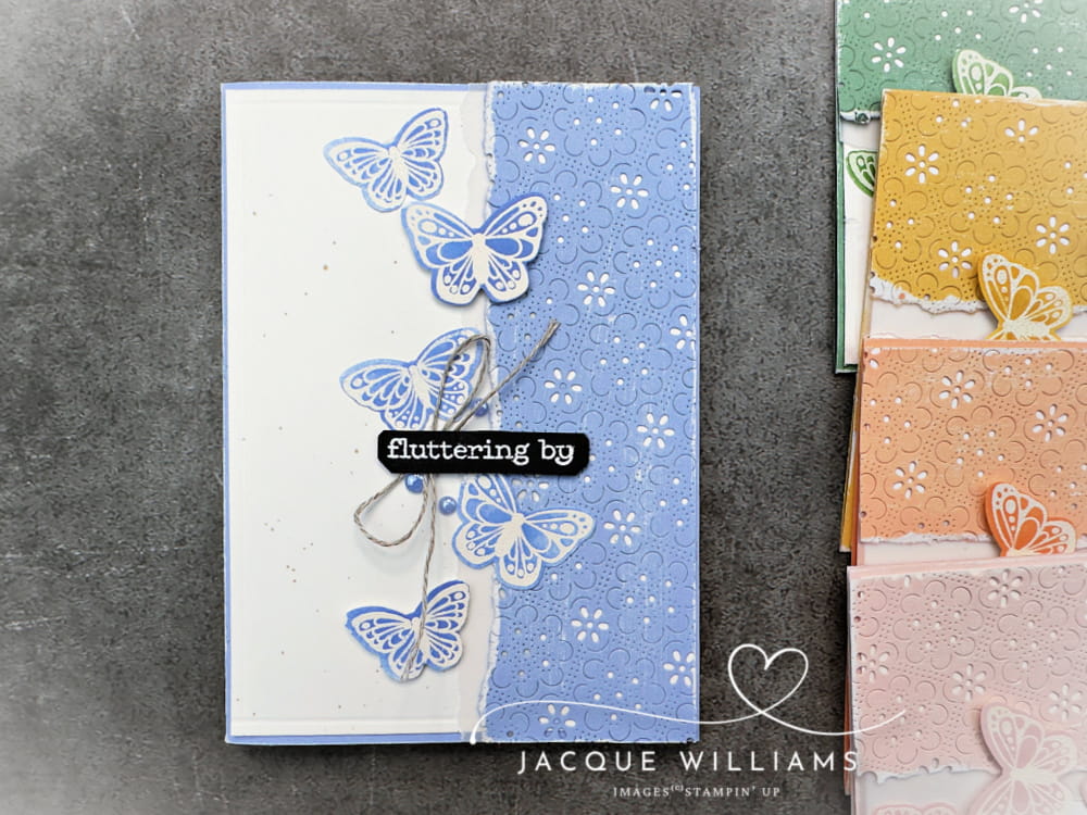 2026 Stampin' Up In Colors with the new All Aflutter Punch and Stamp Bundle.  Barely Blush, Hydrangea Hue, Peaceful Pine, Golden Glow, and Crisp Cantaloupe.  