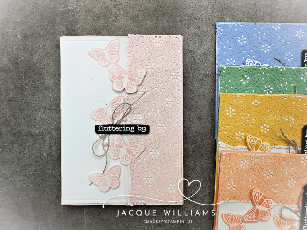 2026 Stampin' Up In Colors with the new All Aflutter Punch and Stamp Bundle.  Barely Blush, Hydrangea Hue, Peaceful Pine, Golden Glow, and Crisp Cantaloupe.  